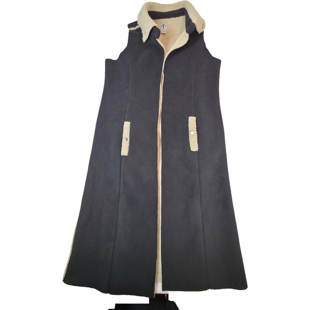 Rain + Rose Fleece Long Vest Women M Black Sherpa Lined Open Front Pocket